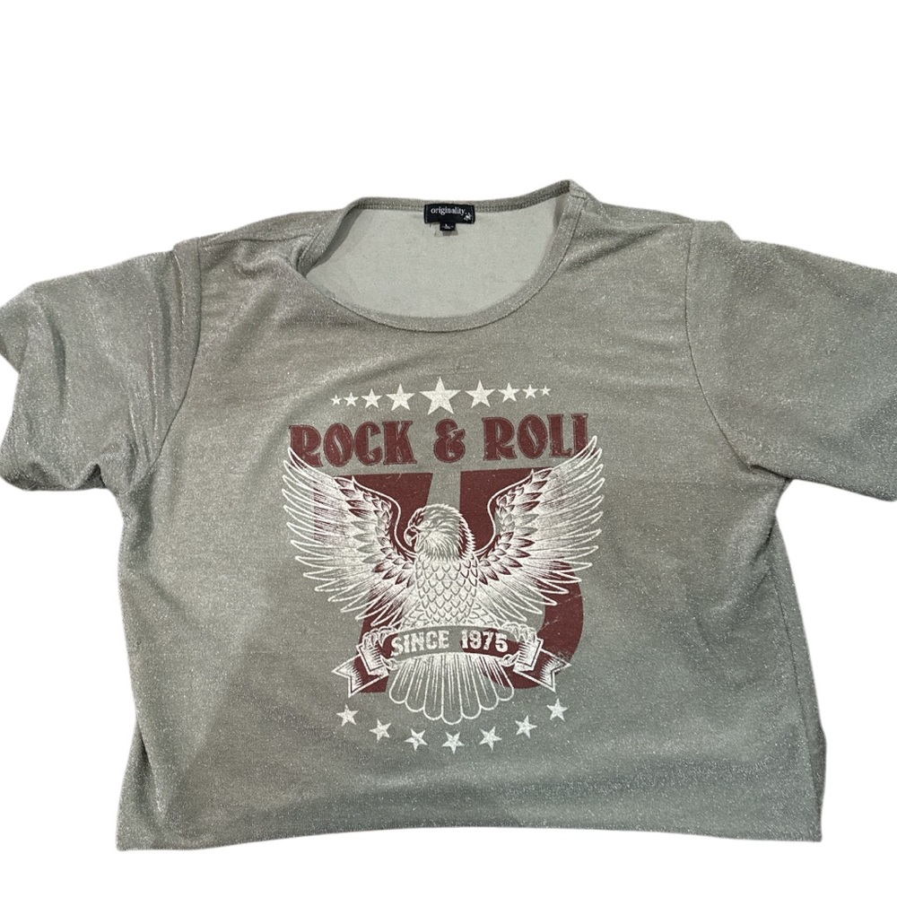 Originality Women’s Crop Top Metallic Rock and Roll Size Large Grey Red